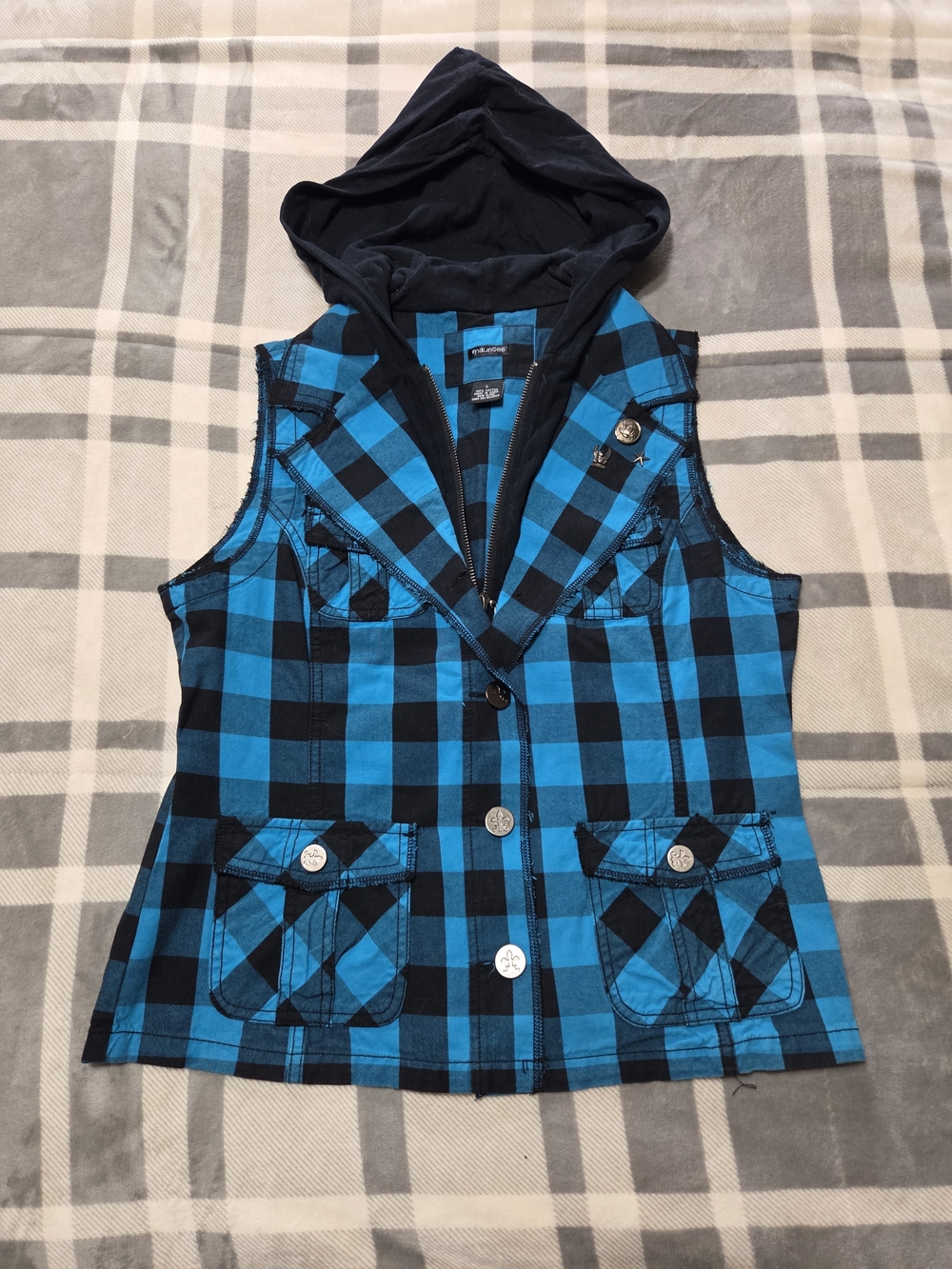 Maurices Blue and Black Plaid Hooded Vest
